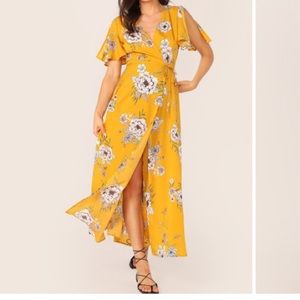 New Yellow Floral Wrap Dress